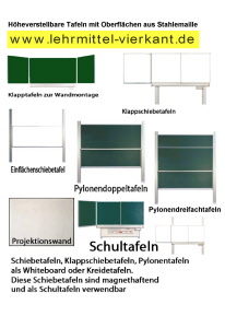 Tafeln: Kreidetafeln d.h. Schiebetafeln, Pylonentafeln, Langwandtafeln wie Whiteboards oder Pinwände und  Fahrbare Tafeln