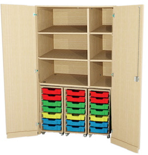 Garagenschrank mit 21 flache HIPS-Eigentumsboxen, Klassenraumschrank